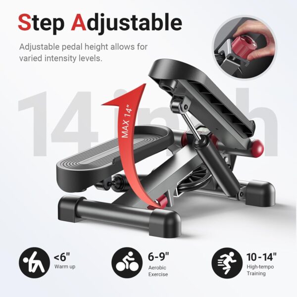 Mini Steppers for Exercise at Home, Hydraulic Stair Stepper with Resistance Bands, Quiet Smooth Operation, Compact & Portable Fitness Step Machine with LCD Monitor, 300 Lbs Weight Capacity - Image 6