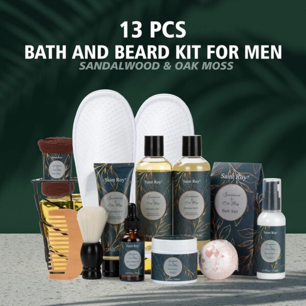 Spa Gift Basket for Men, Body Wash Men, 13pcs Sandalwood & Oak Moss Bath and Beard Kit for Men with Shower Gel, Body Lotion, Bubble Bath, Beard Brush, Bread Comb Spa Kits for Man dad Fathers Day - Image 7