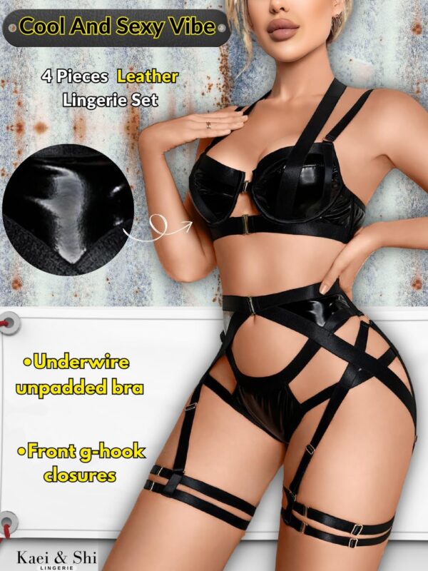 Kaei&Shi Strappy Harness, All Adjustable, Underwire Racerback, 4pc Garter Set - Image 3