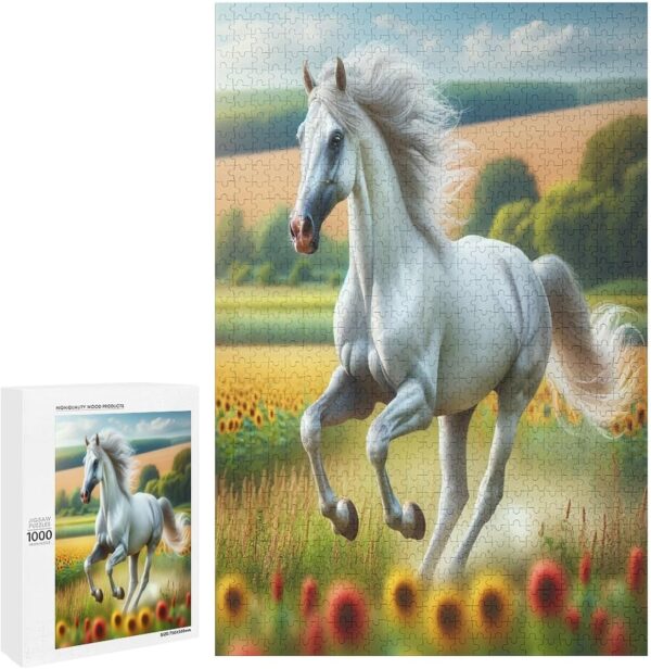 1000 Piece Puzzles White Thoroughbred Horse Galloping Brain Teaser for Adults,Educational Developmental Toys & Games,Building Kit Activities to Encourage Creative Play Christmas - Image 2