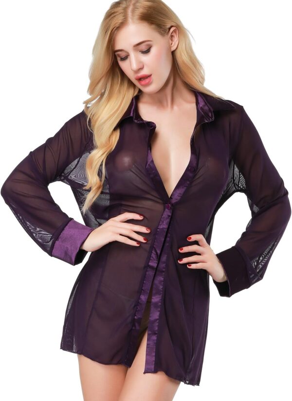 ETAOLINE Women's Sexy Sheer Sleepshirt Pajamas Long Sleeve Mesh Blouse Lingerie - Image 4