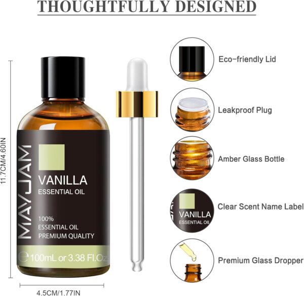 Vanilla Essential Oil 100ML, Pure Essential Oils for Massage, Diffusers, Vanilla Oil Fragrance Oil for Soap Candle Making (3.38FL.OZ Bottle) - Image 3