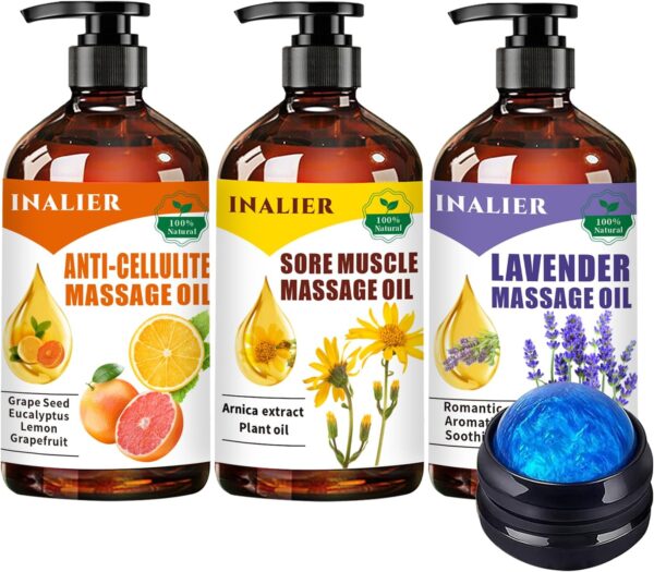 3 Pack Cellulite,Sore Muscle & Lavender Relaxation Massage Oils for Massage Therapy with Massage Ball,Christmas Gifts Spa Treatment Gift Set for Soothes Sore Muscle.Massage Oils for Date Night Gift - Image 2