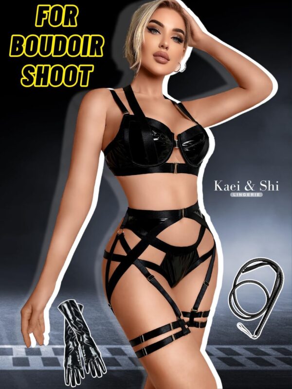 Kaei&Shi Strappy Harness, All Adjustable, Underwire Racerback, 4pc Garter Set - Image 5