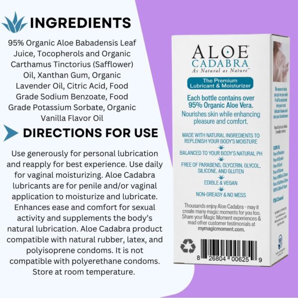 Aloe Cadabra Vaginal Moisturizer, Organic Edible Aloe Lube for Men, Women, Non-Staining, pH Balanced, (French Lavender, 2.5 Ounces, 1 Pack) - Image 4