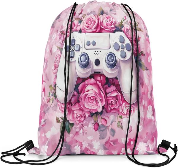 Erosebridal Game Drawstring Backpack 13x15.7 for Gym,Romantic Pink Rose Drawstring Bags,White Game Controller String Backpack,Garden Flower Gamepad Draw String Back Bag - Image 4