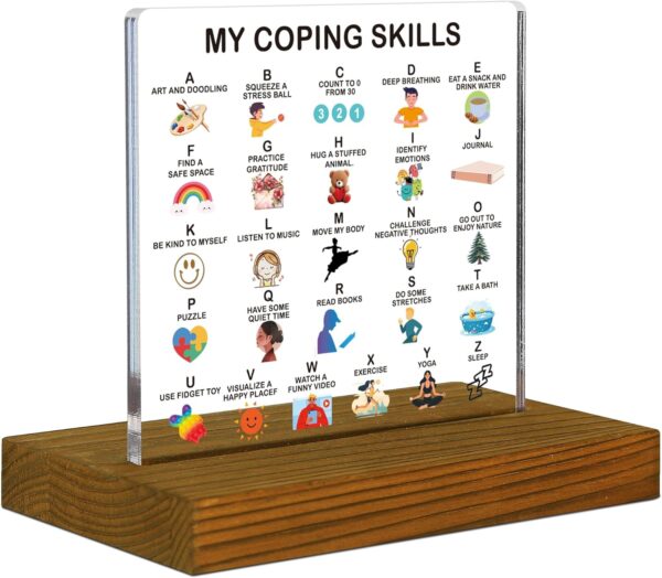 My Coping Skills Alphabet Sign, Grounding Exercises for Kids Sign, Acrylic Desk Decor Sign with Wood Stand - FSA076 - Image 2