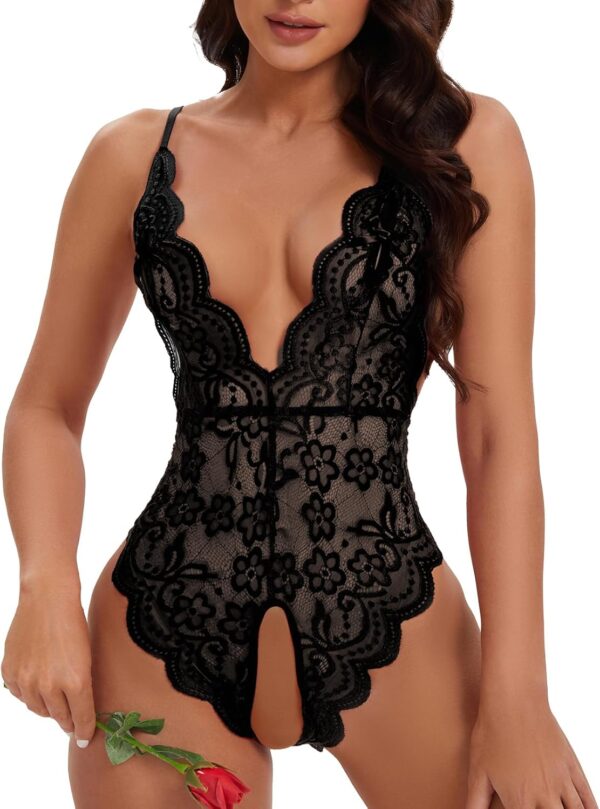 Women One Piece Lingerie Lace Bodysuit Deep V sexy Teddy Lingerie - Image 2