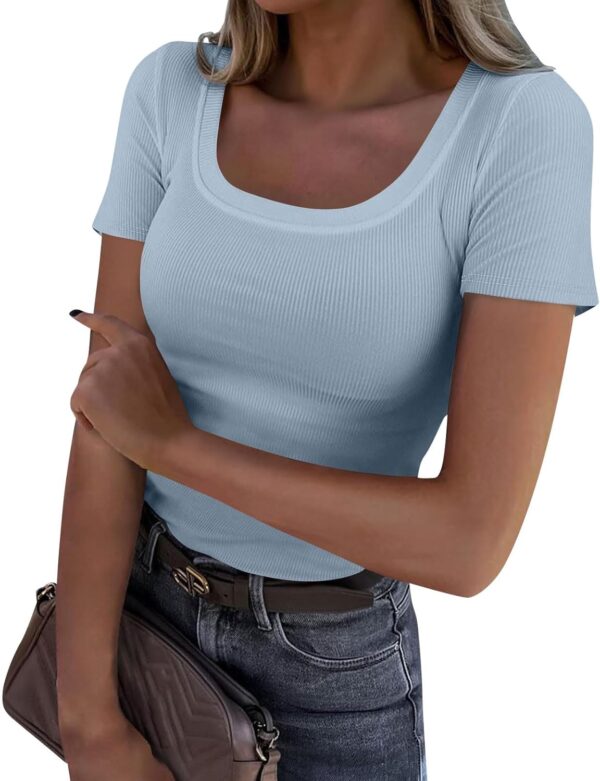 Women Short Sleeve Tops, Women's Fashion Solid Color Square Neck Shirts 2024 Summer Versatile Date Night Comfy Tees Blouse <br> - Image 2