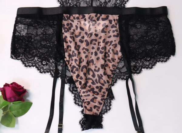 Plus Size Lingerie for Women Sexy Lingerie Leopard Mesh One-Piece Teddy Black Bodysuit with Garter Belts - Image 6