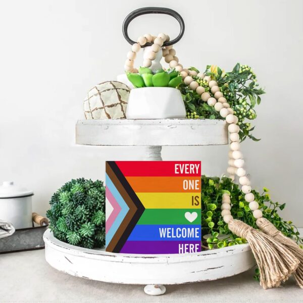 Rainbow Everyone is Welcome Here Wooden Box Sign Desk Decor LGBTQ Gay Pride Flag Wood Block Plaque Box Signs Gift for Home School Shelf Table Decoration (5 X 5 Inch) - Image 6