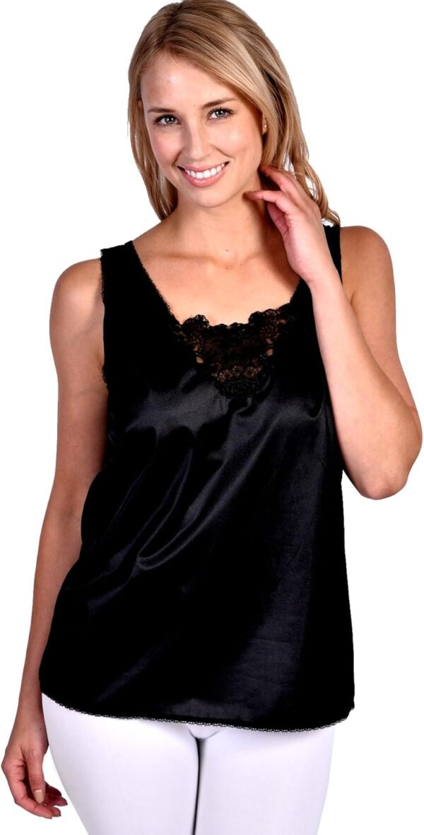 Patricia Lingerie Women's Soft Silky Satin Under Blouse Sleeveless Camisole with V-Neck Floral Lace Trim and Wide Straps - Image 2