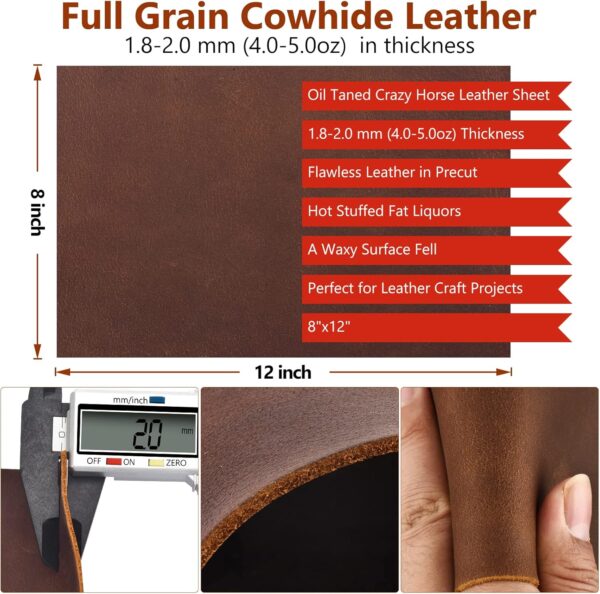 Tooling Leather Square 1.8-2.0MM Thick Genuine Top Full Grain Oil Tan Crazy Horse Cowhide Leather Sheets for Crafts Tooling Sewing Wallet Earring Hobby (Dark Brown, 8"x12") - Image 3