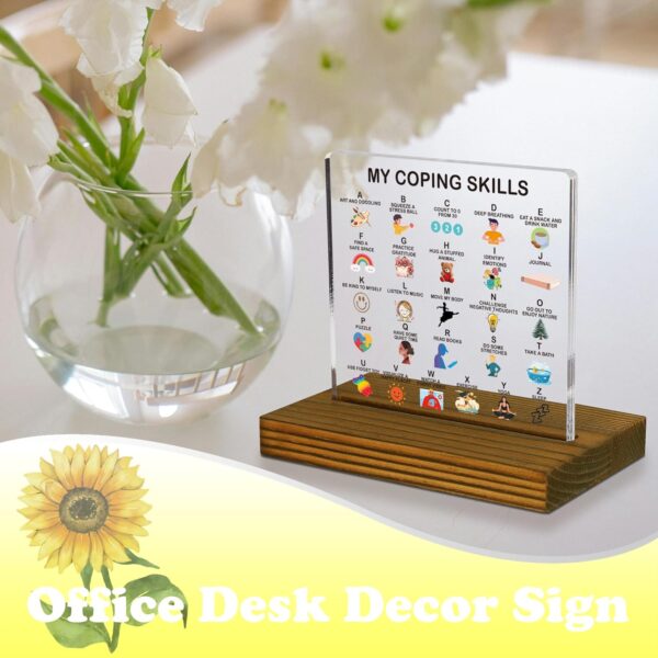 My Coping Skills Alphabet Sign, Grounding Exercises for Kids Sign, Acrylic Desk Decor Sign with Wood Stand - FSA076 - Image 3