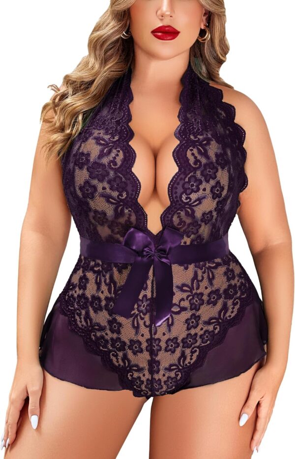 Avidlove Plus Size Lingerie for Women Deep V Neck Teddy Lingerie Halter Lace Bodysuit Nightgown - Image 2