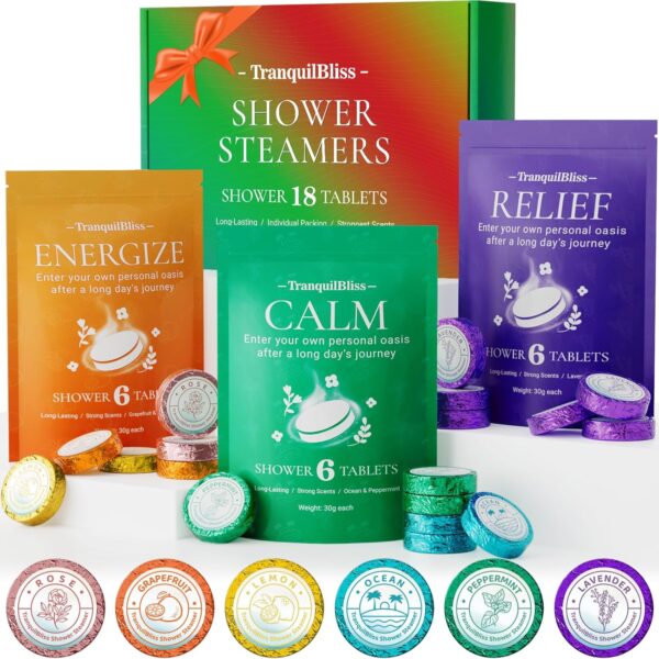 18 Pack Shower Steamers with 6 Smoothing Long-Lasting Scents, Shower Bath Bombs with Natural Fragrance, Self-Care and Relaxation Presents for Women and Men - Image 2