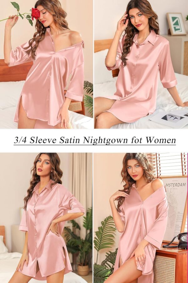 Anjue Satin Nightgown For Women 3/4 Sleeve Silk Nightshirt Button Down Pajamas Dress Boyfriend Sleepshirt - Image 6