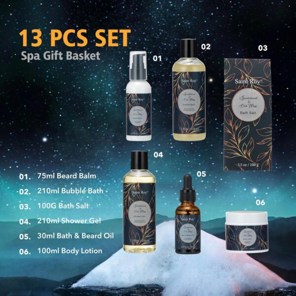 Spa Gift Basket for Men, Body Wash Men, 13pcs Sandalwood & Oak Moss Bath and Beard Kit for Men with Shower Gel, Body Lotion, Bubble Bath, Beard Brush, Bread Comb Spa Kits for Man dad Fathers Day - Image 3