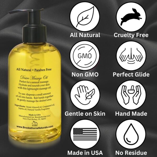 Desire Sensual Massage Oil - Best Massage Oil for Couples Massage – All Natural - Contains Sweet Almond, Grapeseed & Jojoba Oil for Smooth Skin 8oz - Image 6