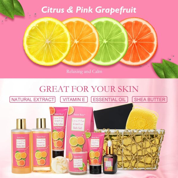 Bath & Body Gift Set, Luxury Home Spa Bath Gift Basket Citrus & Pink Grapefruit Spa Kit Gift Woman, 11 Pcs Self Care Kit Gifts With Bubble Bath, Massage Oil, Bath Brush, Birthday Gifts for Women - Image 3