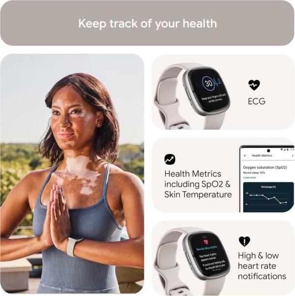 Fitbit Sense 2 Advanced Health and Fitness Smartwatch with Tools to Manage Stress and Sleep, ECG App, SpO2, 24/7 Heart Rate and GPS, Lunar White/Platinum, One Size (S & L Bands Included) - Image 4