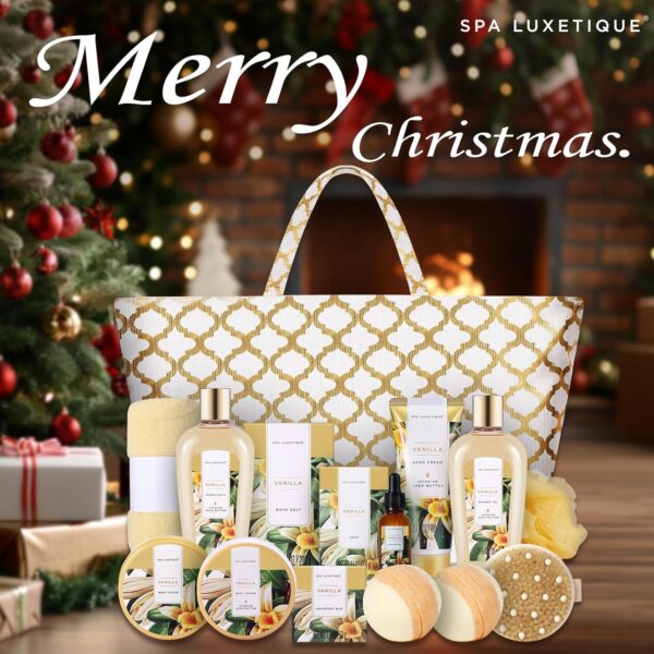 Spa Luxetique Gift Baskets for Women,15 Pcs Vanilla Spa Gifts for Women, Gifts for Women with Bubble Bath, Bath Salt, Bath Bombs Christmas Gift Baskets With Tote Bag, Spa Baskets for Women Gift - Image 3