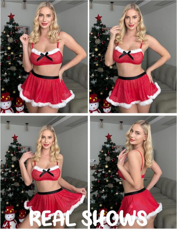 Avidlove Christmas Lingerie Sets Sexy Santa Costumes Mesh Babydoll Teddy Sheer Top with Mini Skirt - Image 3