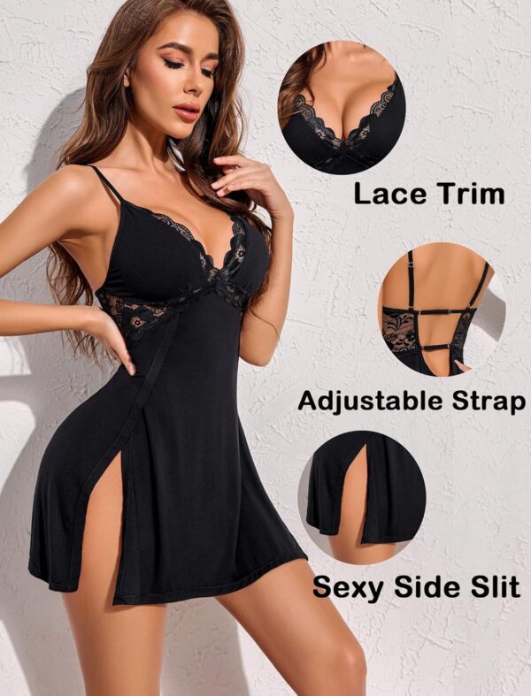 Avidlove Women Lingerie Lace Chemise Sexy Nightgown Modal Babydoll Side Slit Sleepwear - Image 3