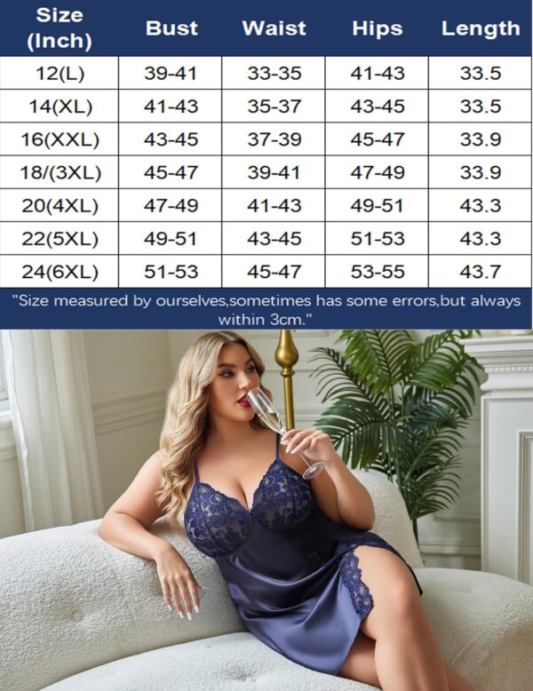 Avidlove Plus Size Lingerie For Women Sexy Satin Nightgown Lace Babydoll Side Slit Strappy Chemise Nightwear - Image 7