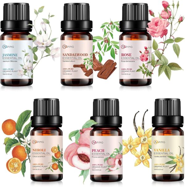 Essential Oil Set 6x10ML - 100% Pure Organic Plant Oil for Diffuser Massage Aroma Spa Yoga Perfume - Rose, Jasmine, Sandalwood, Vanilla, Neroli, Peach - Image 2