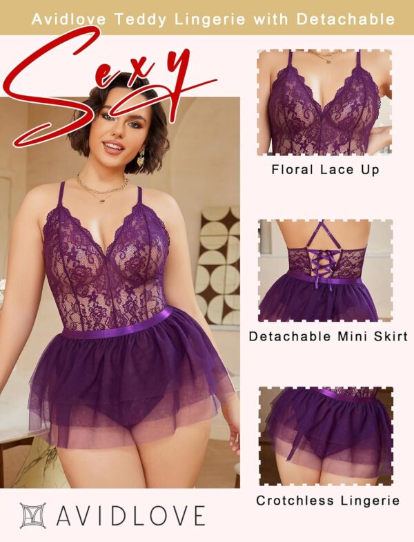 Avidlove Plus Size Lingerie Womens Lace Teddy Babydoll V Neck Chemise Nighty with Detachable Mesh Mini Skirt - Image 3