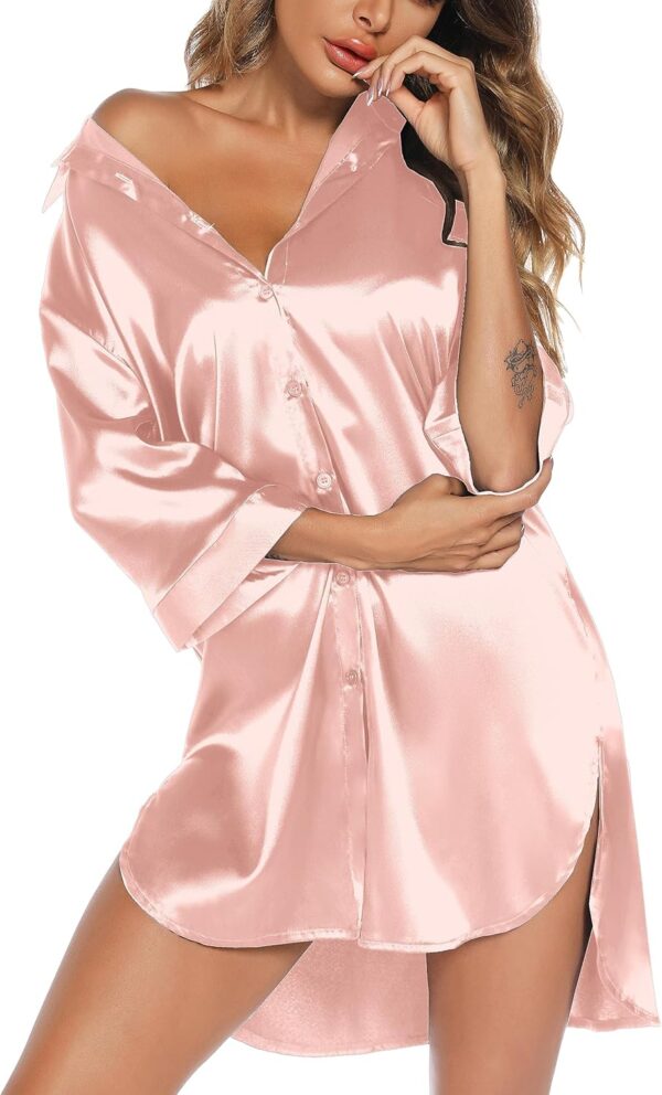 Anjue Satin Nightgown For Women 3/4 Sleeve Silk Nightshirt Button Down Pajamas Dress Boyfriend Sleepshirt - Image 3