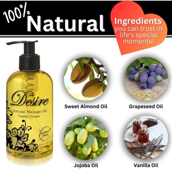 Desire Sensual Massage Oil - Best Massage Oil for Couples Massage – All Natural - Contains Sweet Almond, Grapeseed & Jojoba Oil for Smooth Skin 8oz - Image 4