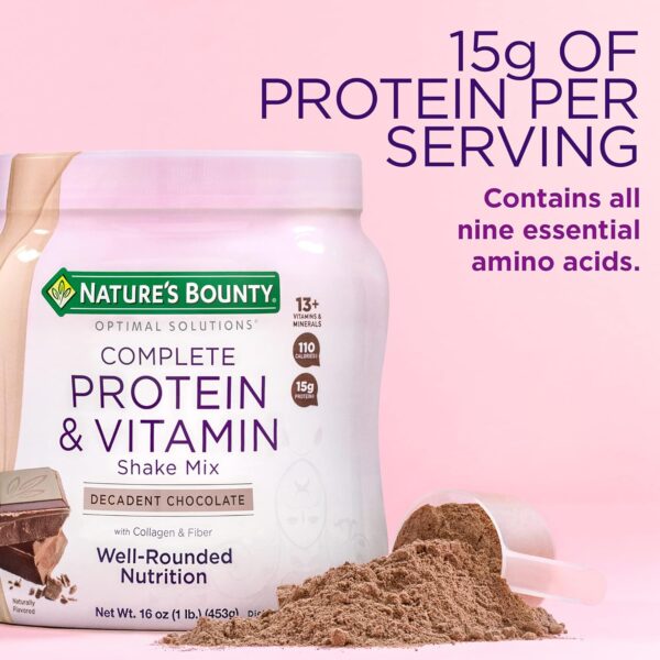 Nature's Bounty Complete Protein & Vitamin Shake Mix with Collagen & Fiber, Contains Vitamin C for Immune Health, Decadent Chocolate Flavored, 1 lb - Image 3