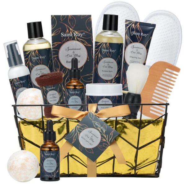 Spa Gift Basket for Men, Body Wash Men, 13pcs Sandalwood & Oak Moss Bath and Beard Kit for Men with Shower Gel, Body Lotion, Bubble Bath, Beard Brush, Bread Comb Spa Kits for Man dad Fathers Day - Image 2