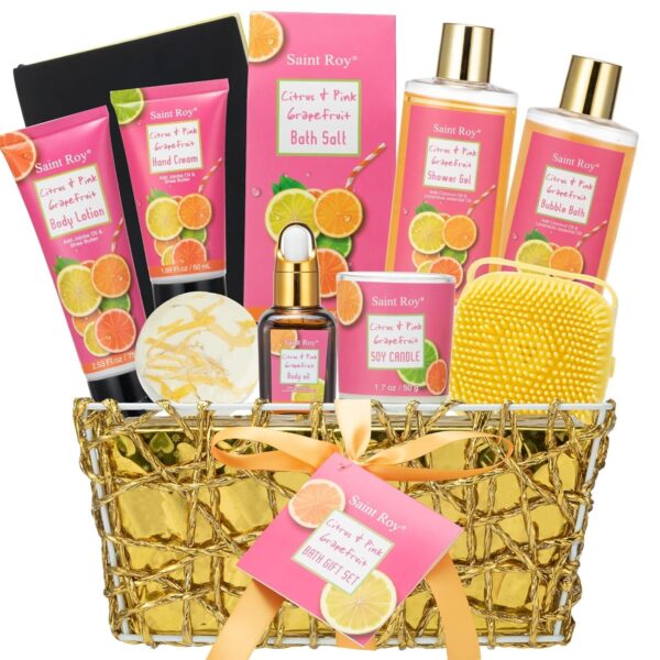 Bath & Body Gift Set, Luxury Home Spa Bath Gift Basket Citrus & Pink Grapefruit Spa Kit Gift Woman, 11 Pcs Self Care Kit Gifts With Bubble Bath, Massage Oil, Bath Brush, Birthday Gifts for Women - Image 2