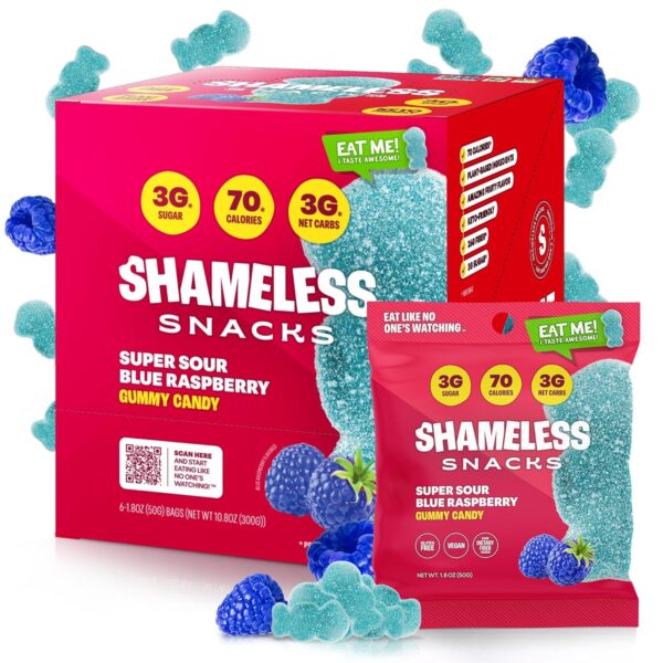 Shameless Snacks - Healthy Low Calorie Snacks, Low Carb Keto Gummies (Gluten Free Candy) - 6 Pack Sour Blue Raspberry - Image 2