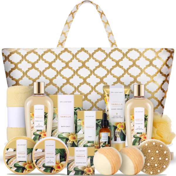 Spa Luxetique Gift Baskets for Women,15 Pcs Vanilla Spa Gifts for Women, Gifts for Women with Bubble Bath, Bath Salt, Bath Bombs Christmas Gift Baskets With Tote Bag, Spa Baskets for Women Gift - Image 2