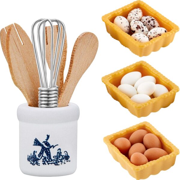 Skylety 28 Pieces 1:12 Dollhouse Kitchen Decorations, 6 Pieces Miniature Egg Beater and Utensils with 18 Pieces Mini Egg Models Miniature Food Toy with Pottery Holder Pretend Play Toy - Image 2