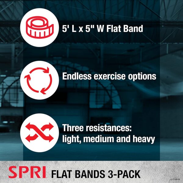 SPRI Flat Bands 3-Pack - Resistance Band Kit Set with 3 Levels of Resistance - Exercise Bands for Strength Training, Flexibility, & Body Workout - Versatile Fitness Tool - Light, Medium, and Heavy - Image 6