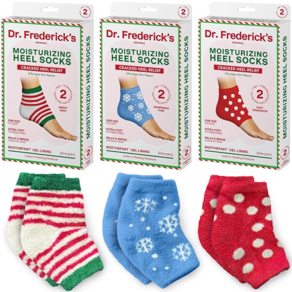 Dr. Frederick's Holiday Fuzzy Heel Socks - 3 Pairs - Christmas Self-Care Gift - Cozy Gel-Lined Sleep Socks - Spa Pampering Gift Set - Soothe Dry, Cracked Feet Overnight - Holiday Special Editions - Image 2