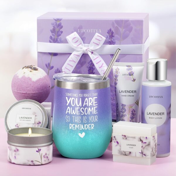 Gifts for Women, Birthday Gifts for Women Spa Gifts Baskets for Women Bubble Bath and Body Gifts Set for Women Lavender Gifts for Mom Her Female Sister Mother Teacher Wine Tumbler Purple Gifts - Image 2