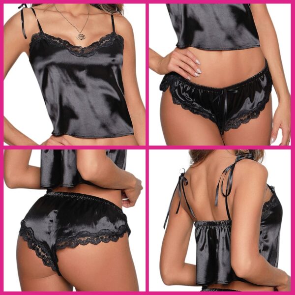 Besame Babydoll Women Sexy Lingerie Shiny Satin Lace Sleepwear Set - Image 4