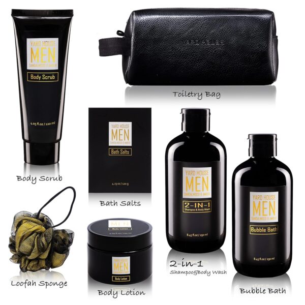 Bath and Body Spa Gift Baskets Set for Men - Sandalwood Amber - 7Pc Spa Kit w. Full Size Items in Leather Toiletry Bag - Christmas Holiday Gifts for Him, Birthday, Fathers Day Gifts Idea - Image 4